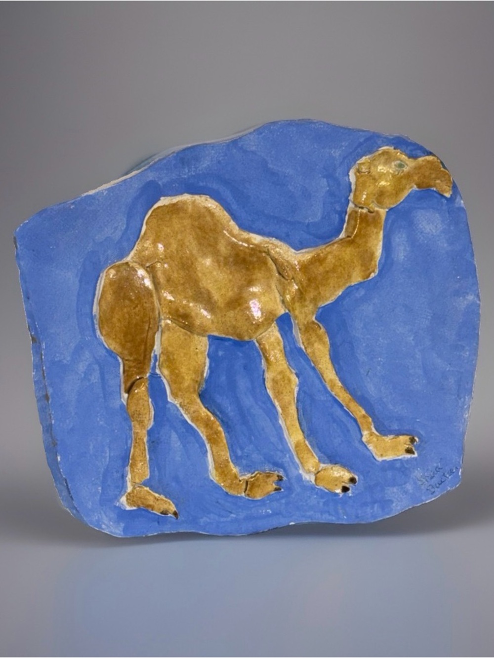 Handmade Ceramic Camel Relief Plaque Blue Studio Pottery Signed Heavy Brutalist